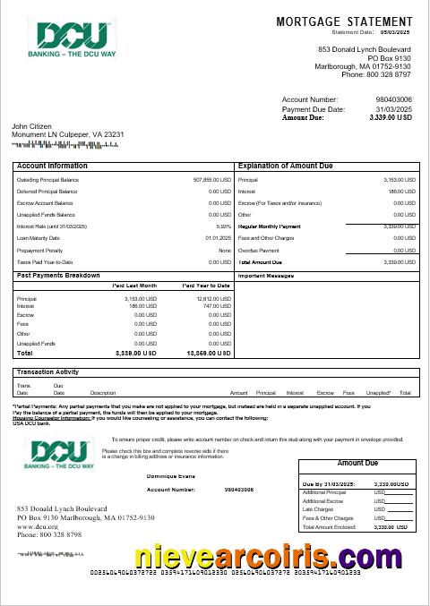 USA DCU bank  mortgage statement